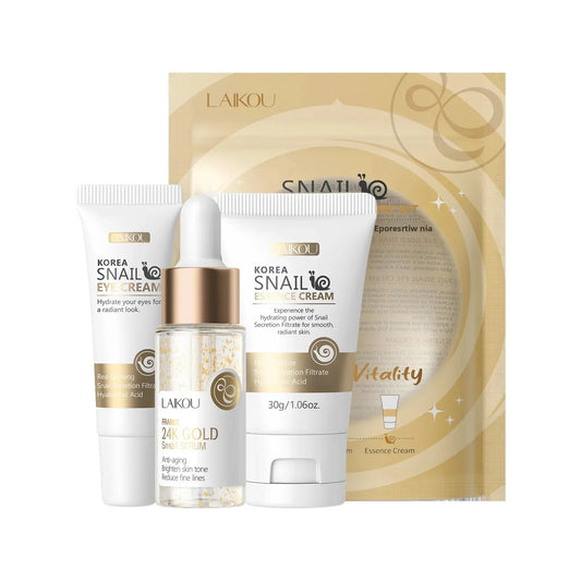 NEW 3PCS Set Korean Snail Luxury 24K Gold Infused Snail Repair Serum Eye Cream Essence Set Moisturizing Smoothing Fine Lines Minimizing Pores Women Beauty Supplies Korean Cosmetic Products