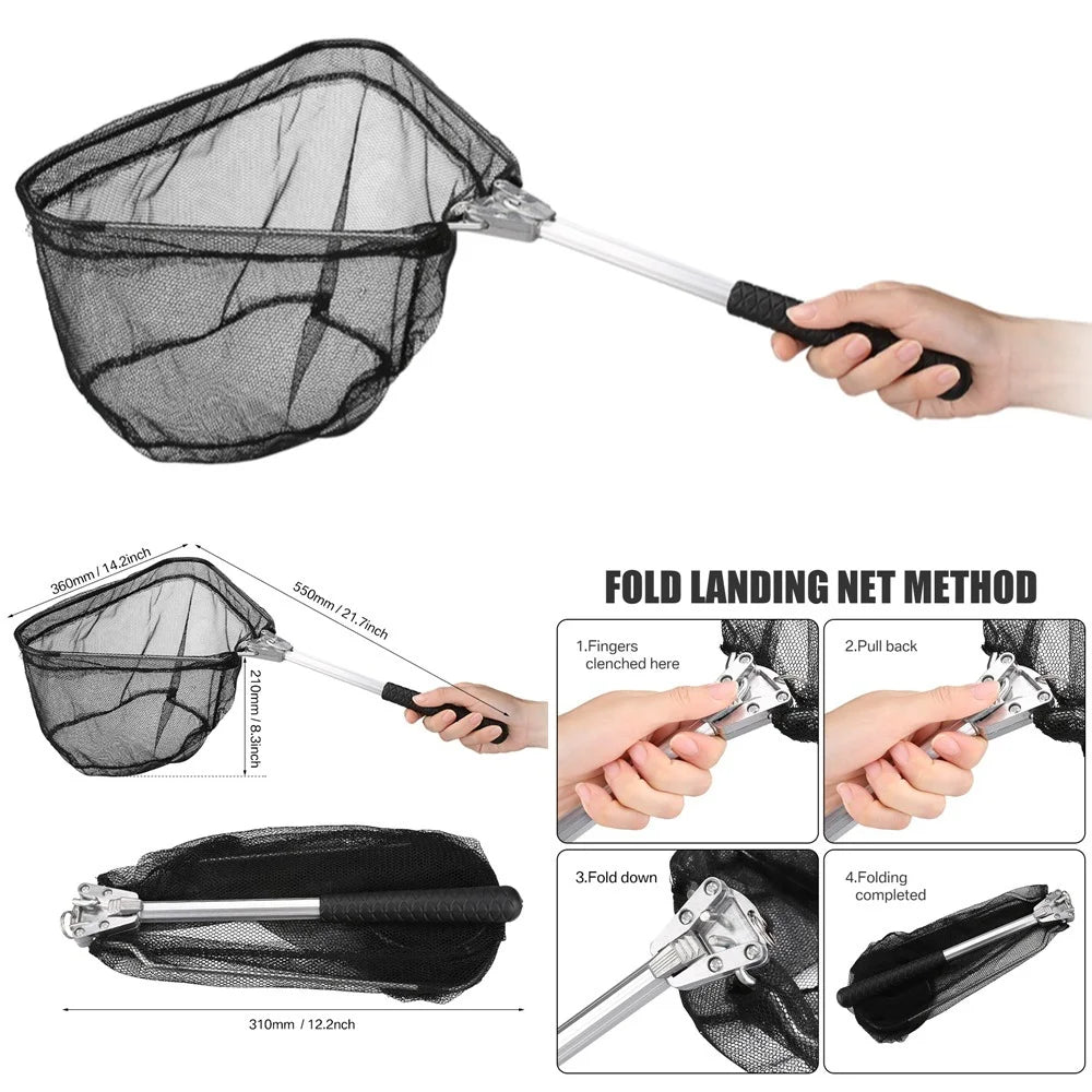 Fishing Landing Net Aluminum Alloy Durable Telescoping Extend to 190cm/130cm/55cm Folding Mesh Safe Fish Catching Releasing Fishing Accessory Sets