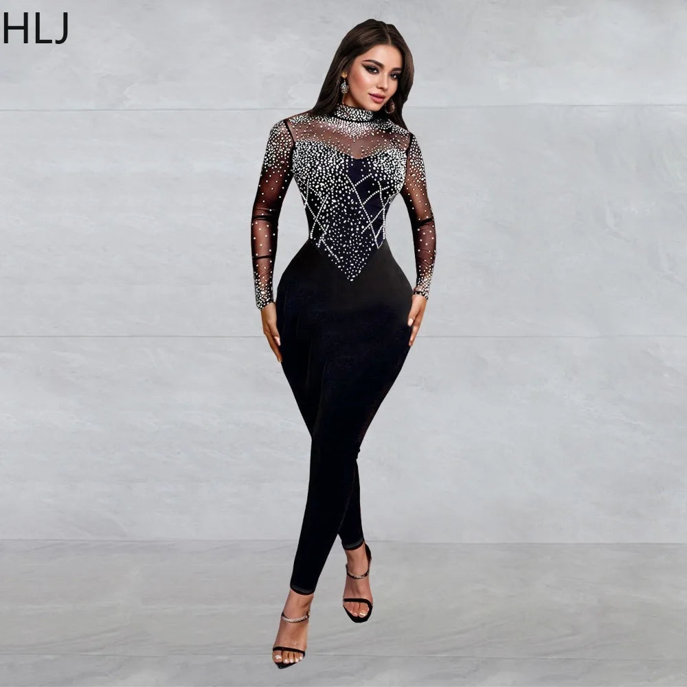 Low-Price Sales are Limited NEW S-2XL Black/Apricot Rhinestones Mesh See Though Bodycon Evening Night Club Party Jumpsuits Women Round Neck Long Sleeve Slim Playsuits Sexy Overalls Girls Ladies Luxury Fashion Clothing Supplie