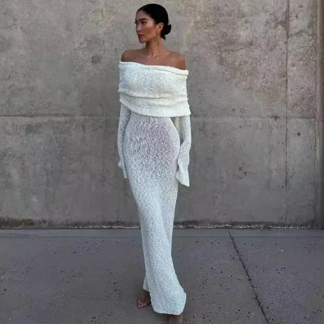 NEW Arrivals UK Size Black/Khaki/White Color Sexy Long Sleeve Hollow Out Knitted Dresses Women Elegant Off Shoulder Knit Long Dress Evening Beach Party Night Club See Through Dress