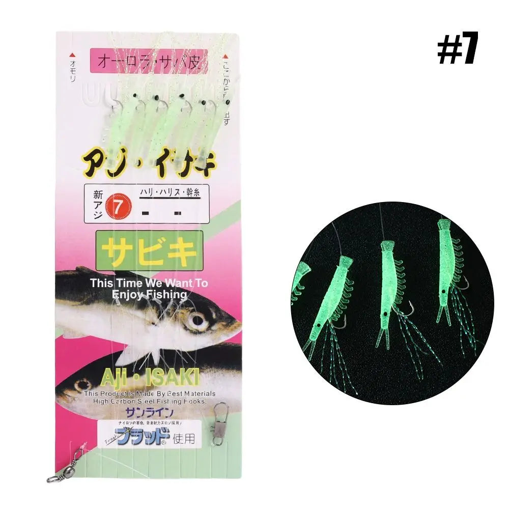 Anti-Winding Glowing String Hook Luminous Soft Shrimp Fishing Hook Mackerel Feathers Night Fishing Simulated Fish Skin String Hook Soft Bait For Lake River Sea Boat Fishing Accessories