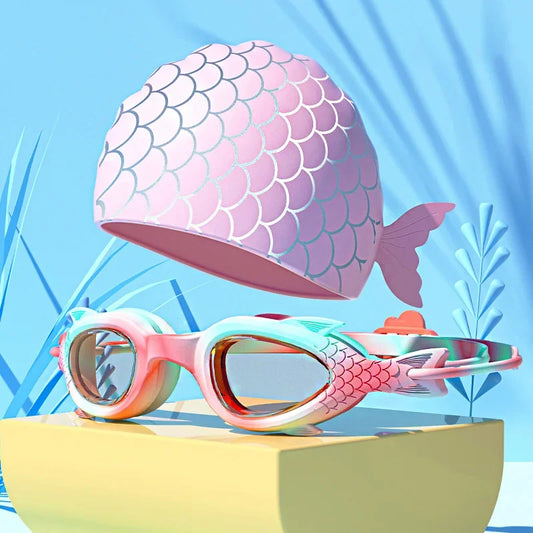 NEW 2PCS Set 4 Colors Children Kids 3-18 years old Swimming Goggles Waterproof Anti Fog High-Definition Small Frame Goggles Professional Training Kid's Swimming Goggles Caps Set