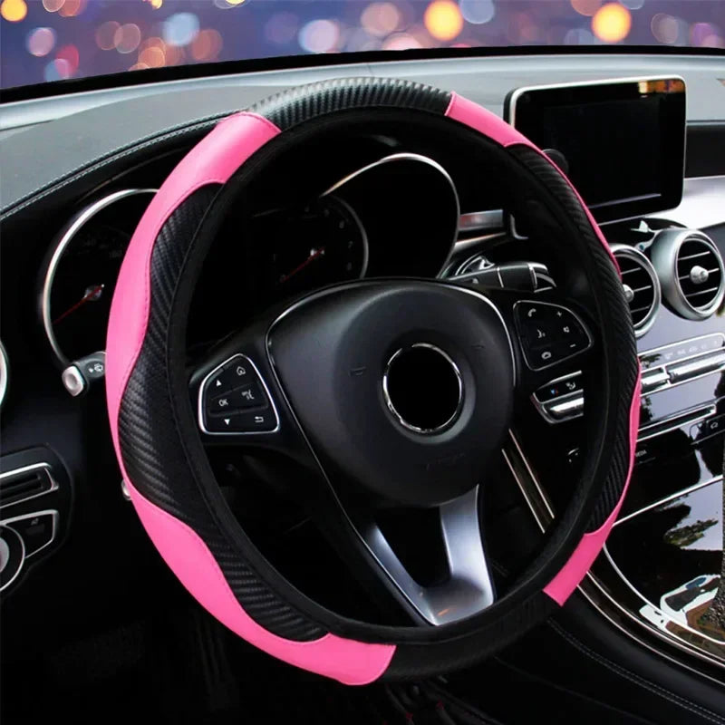 Car 37-38.5cm Steering Wheel Cover Breathable Anti Slip PU Leather Steering Covers Suitable Auto Decoration Carbon Fiber Cars Accessories