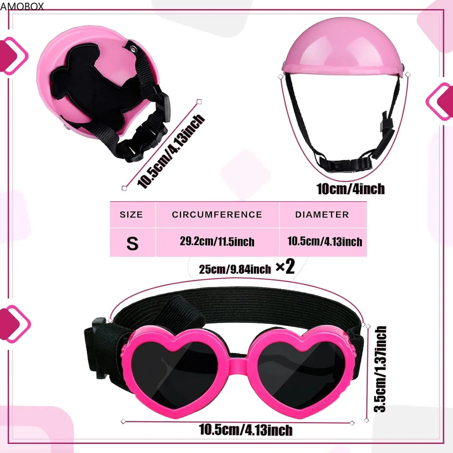 Helmet and Sunglasses Set for Small Dogs, Pink Love Glasses, UV Protection Foldable Helmet with Sponge,Comfortable, 2 Pieces