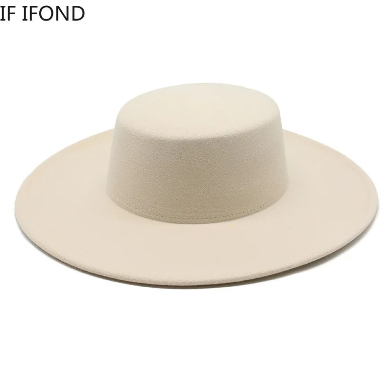 NEW Arrivals 8 Colors 56cm-58cm French Women's Luxury Hat Big Wide Brim 10CM Fedora Hat Autumn Winter Spring Cotton Wool Derby Wedding Jazz Hats Flat Top Felt Hat Ladies Luxury Fashion Apparel Accessories