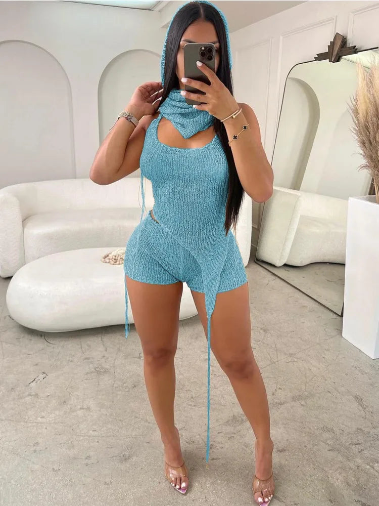 NEW Arrivals 3PCS Set 4 Colors Sexy Sequins Knit Evening Beach Party Women Sexy Backless Halter Irregular Top +Head Scarf+ Shorts Matching Night Club Outfits