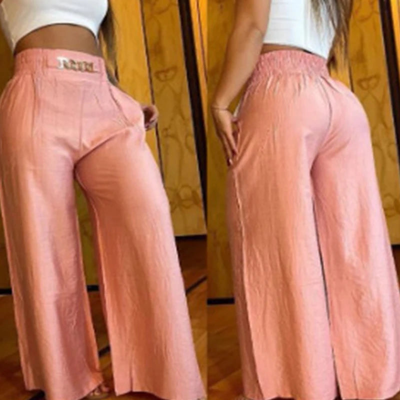 High Waist Solid Color Wide Leg Pants Summer Chic Loose Elegant Metal Flared Pant Office Ladies Straight Holiday Women Trousers