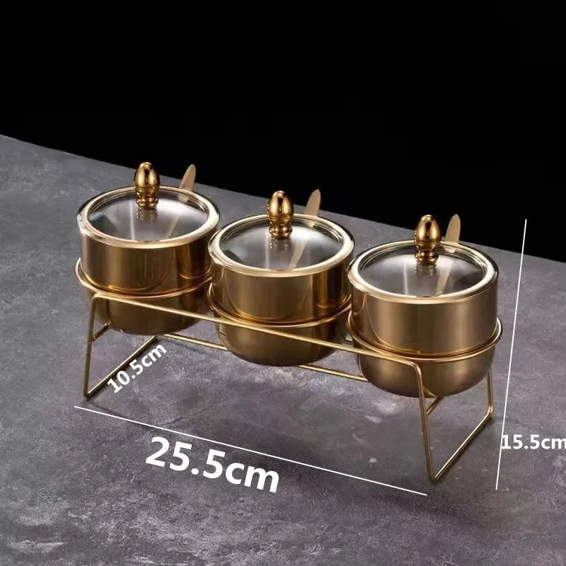NEW Arrivals 2/3/4 Sets Luxury Golden 304 Seasoning Box Bottle Glass Pot Cap with Spoon Flavoring, Holder Rack Tank Sauce Spice Jar Salt Soy Storage Box Kitchenware Preparing Cooking Tools