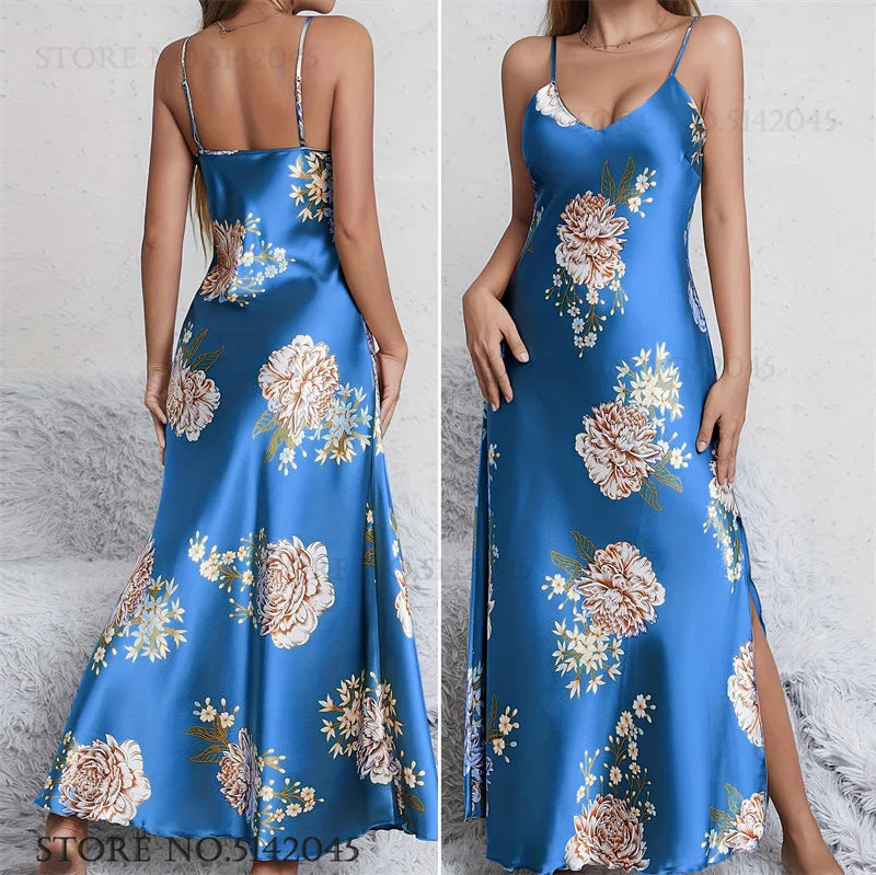 NEW S-XL 4 Colors Women Long Ice Silk, Rayon Nightgown Chemise Sleepwear Print Flower Suspender Nightdress Intimate Lingerie Summer Silk Satin Home Wear Loungewear