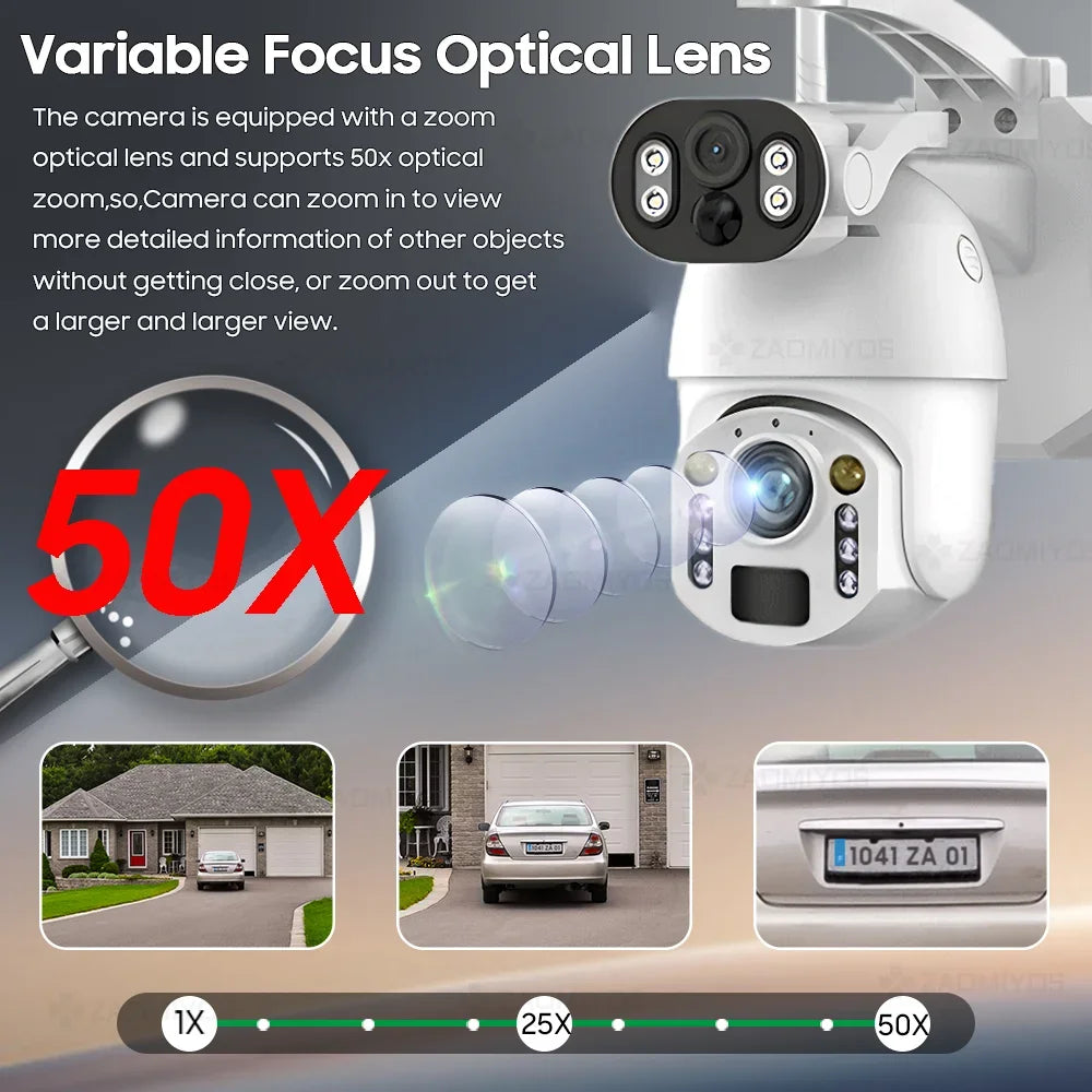 NEW 4K 8MP 50X Optical Zoom Solar Camera 4G Sim/Wi-Fi PTZ Dual Lens Recording Humanoid Tracking Outdoor Waterproof IP Security Camera Home Office Factory Anti-Burglary Systems