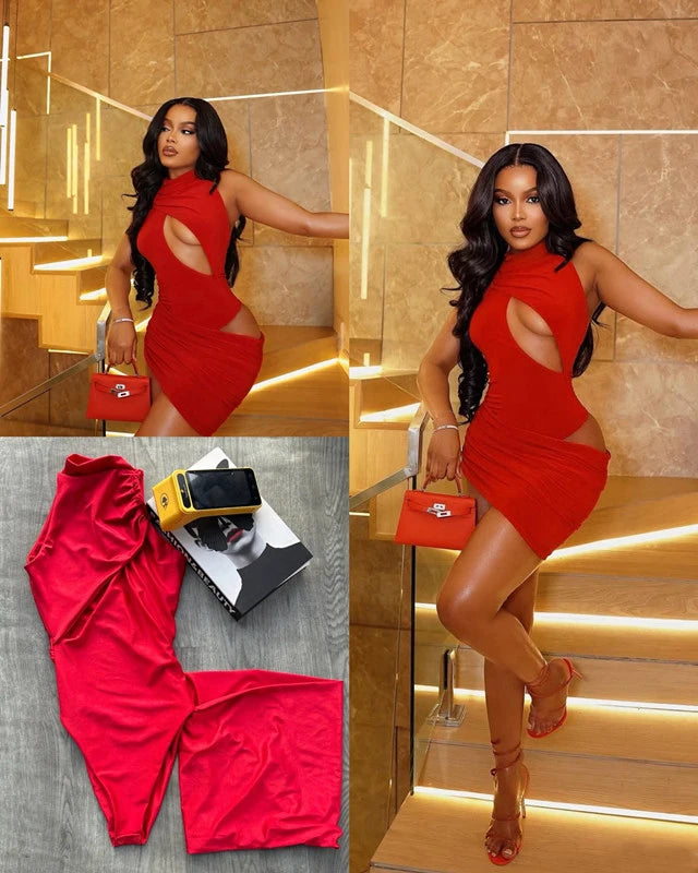 Black/Red Color New in Hollow Out Sexy Women Dress Summer Elegant Ladies Ruched Backless Cute Classy Mini Dresses Bodycon Party Red Short Dress