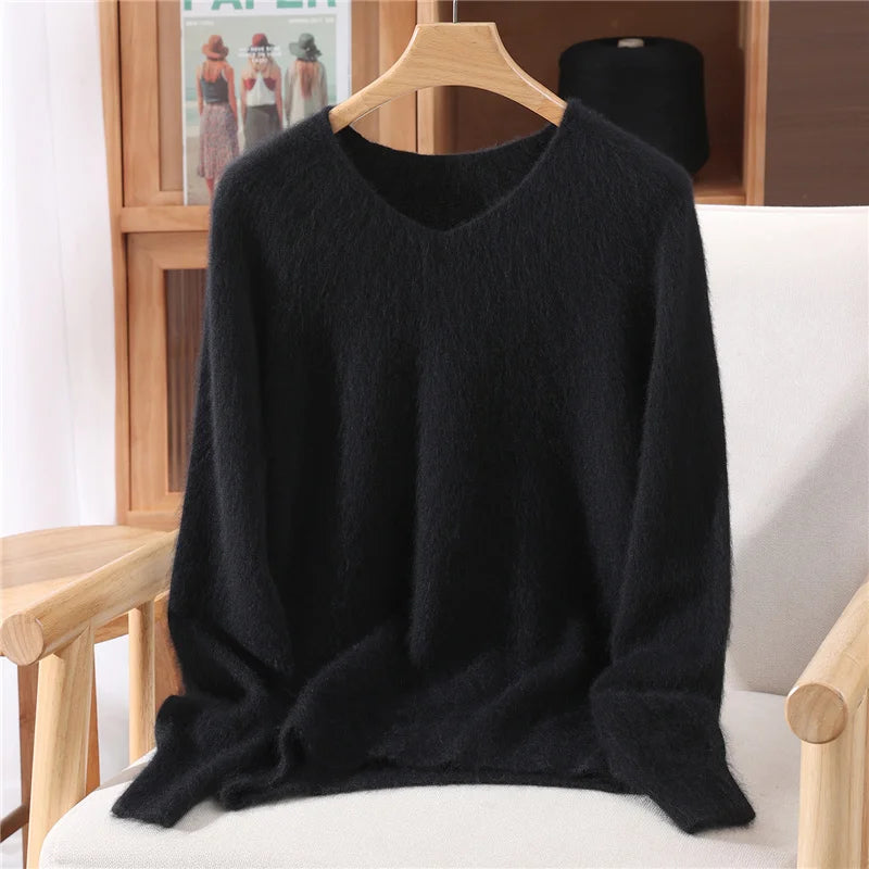 100% Mink Uzbekistan Cashmere 10 Colors S-3XL UK Plus Size Sweater Women's Autumn Winter New Style Solid Color V-Neck Knitted Top Quality Sweater Versatile Loose Base Top