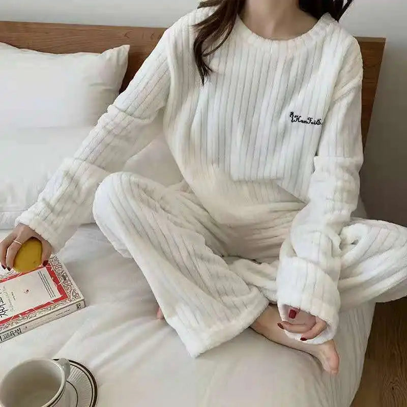 NEW Gray-Purple Winter Autumn Women Solid Warm 2 Piece Sets Thicken Velvet Ribbed Fleece Set Pullover And Pants Women Casual Pajama Sets Girls Female Nightgowns Sleepwear Set Fashion Clothing Supplies