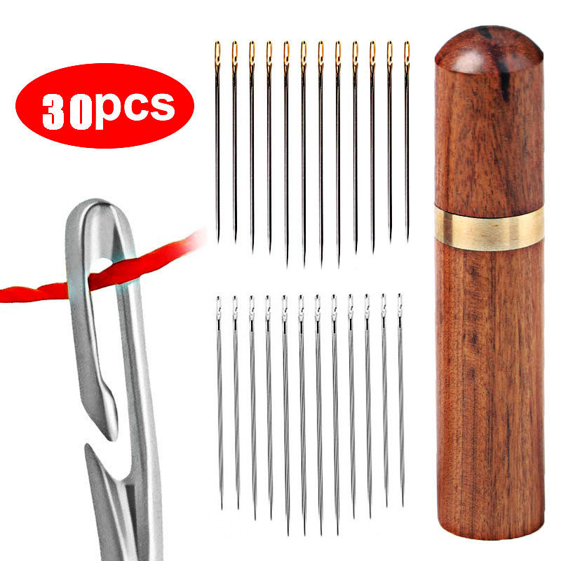 30 PCS Set + Case  Blind Sewing Needle Elderly Stainless Steel Quick Automatic Self-Threading Needle Stitching Pins DIY Punch Needle Threader Sewing Accessories
