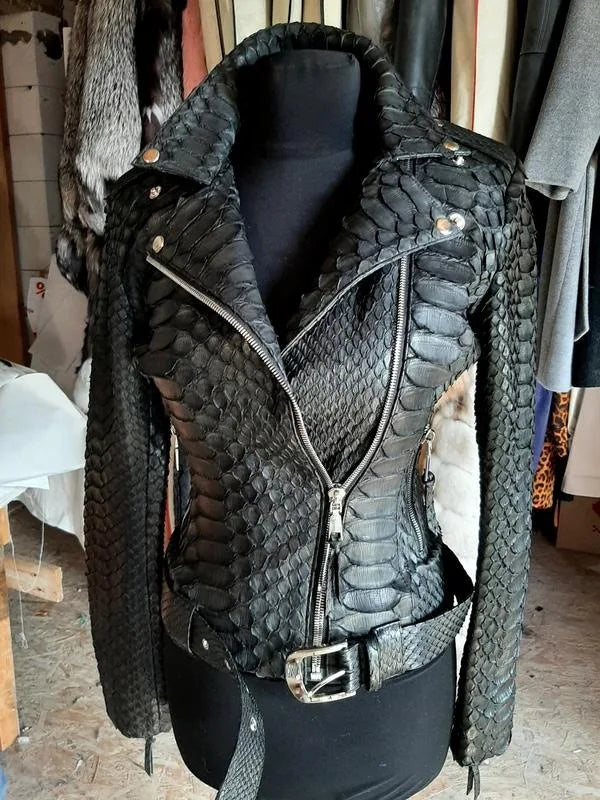 S-3XL UK Plus Size Autumn and Winter Women's PU Leather Black Snakeskin Leather Locomotive Jacket