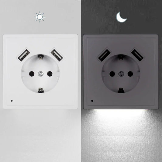 NEW Arrivals USB Wall Socket With Sensor Night Light Double USB 5V2A  EU Standard Phone Charger XJ10-01 Office Home Bedroom Living Room Lighting Supplies