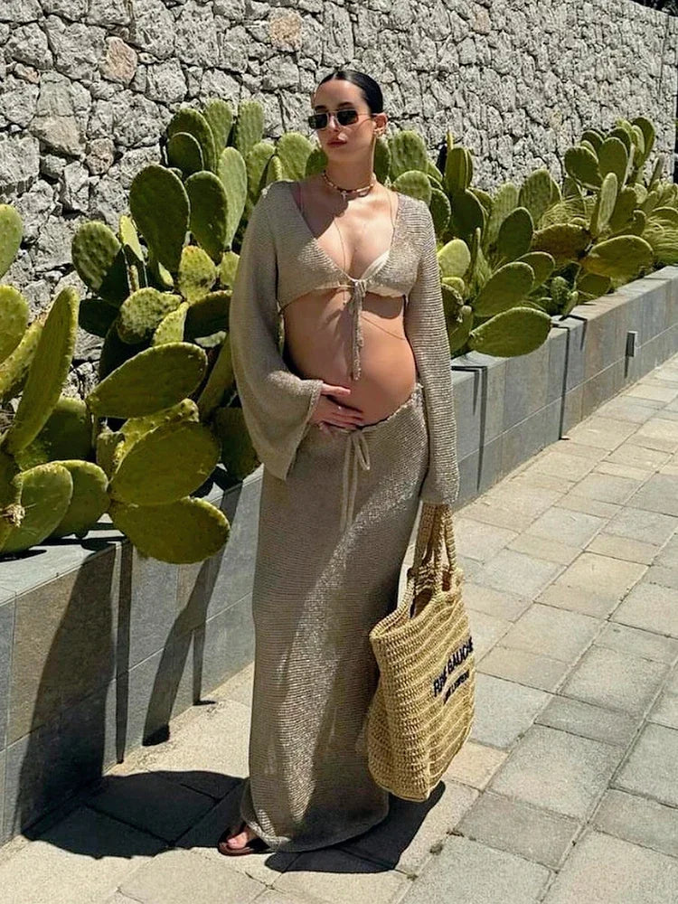 NEW 2PCS Set  Solid Color Sexy See Through Beachwear Swimsuit Cover Up Knit Summer Women's Big Bell Sleeve Lace-up Top Long Skirt Set K128 Ladies Luxury Swimwear Cover Ups Suit