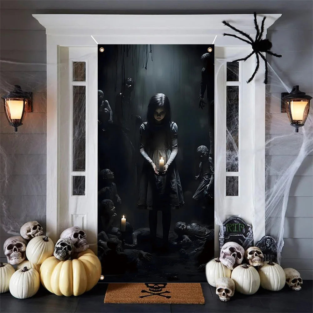 During Halloween to Celebrate the Holiday Season, Spooky Decorations - Spooky Halloween Banners with Ghosts and Candles Haunted House Decoration Supplies