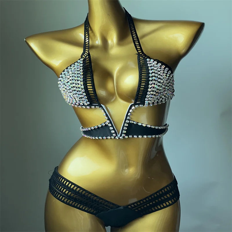 NEW Arrivals Luxury V-Shaped Handmade Pure Color Diamond inlaid Triangle Bikini  Hollow Italian Design High Quality Diamond Bikini Girls Ladies Sexy Beach Wear