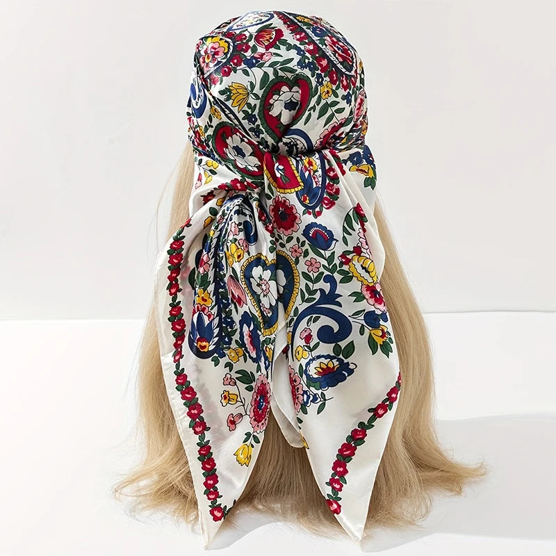 New 90x90cm 18 Colors Silk Shawl Satin Square Scarf For Women Paisley Neckerchief Female New Headband Hair Bands Print Foulard Hijab Wraps Bandana Women Apparel Accessories