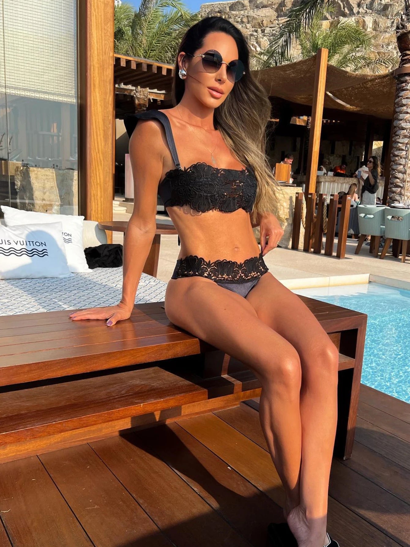 Sexy Black Lace Three Piece Women Bikini Set With Pants Lace Bra High Waist Hollow Out Wide Leg Pants Suit Summer Beach Swimsuit