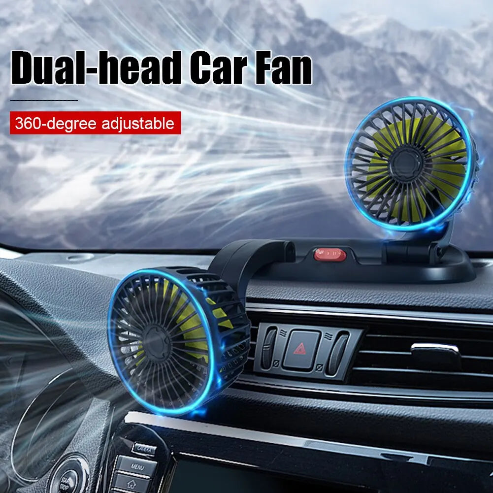 NEW Arrivals Car Cooling Fan 360° Adjustable Dual Head Cooling Air Fan Brushless Motor Low Noise Automobile Vehicle Fan Micro USB for Car Use Car Accessories