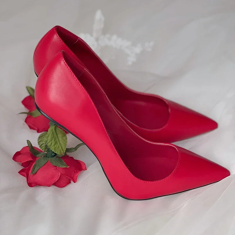 Just Arrived Handmade Sheepskin Leather Elegant 3D Red Rose Heels Ladies Pumps Pointed Toe Shallow High Heels Basic Style Banquet Party Wedding Bride Woman Shoes