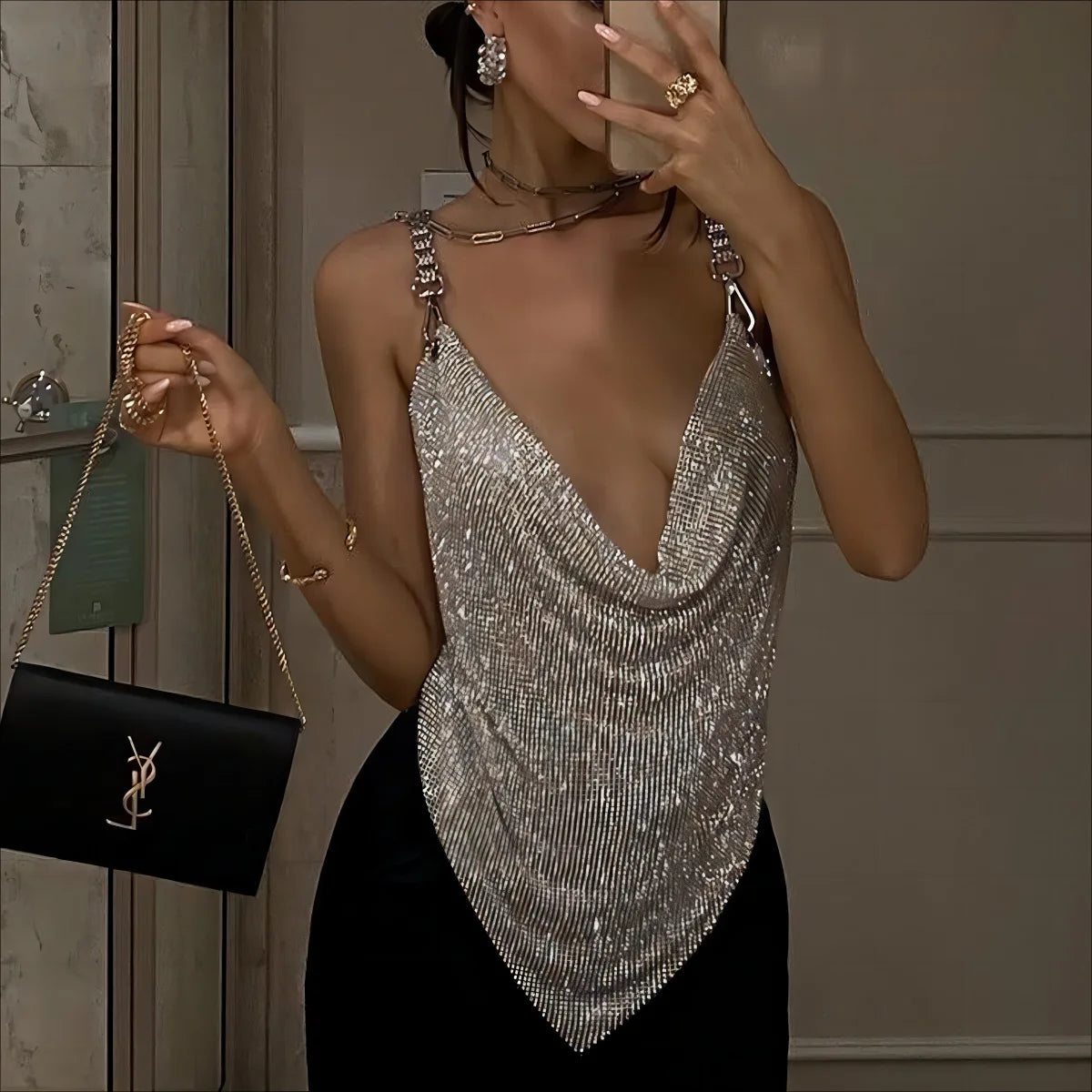 Black/Silvery/Gold Color Sexy Deep V Neck Backless Sling Crop Top For Women Glitter Diamonds Metal Sequin Luxury Tank Top Summer Evening Beach Party Nigh Clubwear Clothes