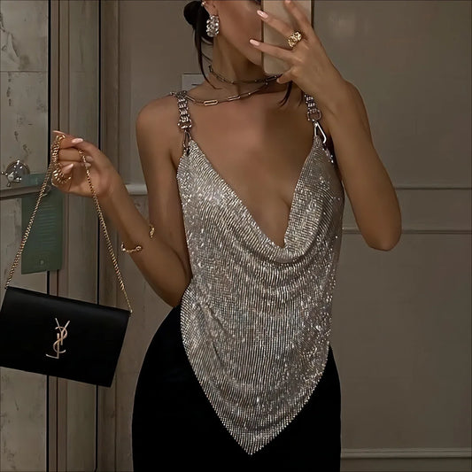 Black/Silvery/Gold Color Sexy Deep V Neck Backless Sling Crop Top For Women Glitter Diamonds Metal Sequin Luxury Tank Top Summer Evening Beach Party Nigh Clubwear Clothes