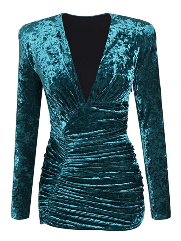 NEW Arrivals Women Female Sexy V-Neck Long Sleeve High Waist Folds Mini Dress Women Cypress Green / Purple Velvet Pleat Bodycon Dress Elegant Evening Party Gown Night Club Outfits Girls Ladies Luxury Fashion Clothing Supplies