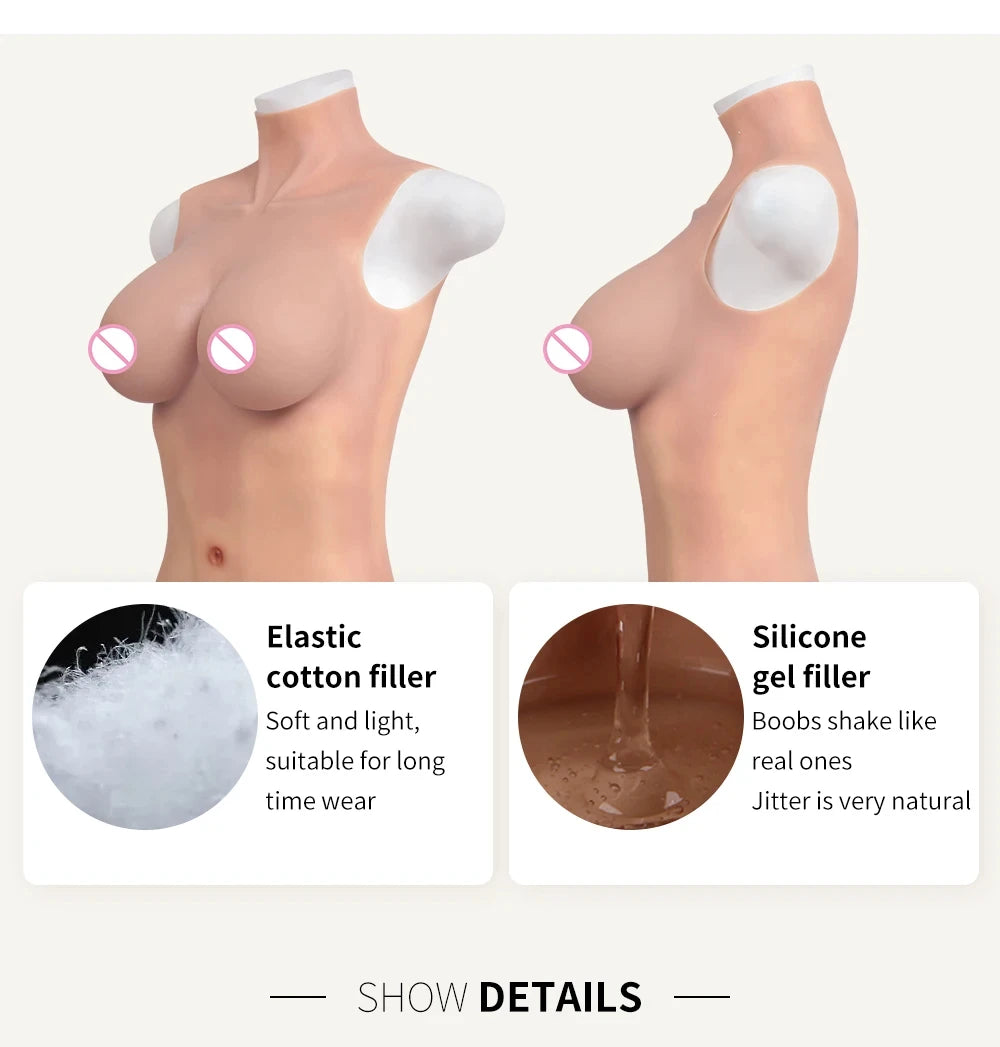 3 Colors Realistic Medical Silicone Gel /Cotton Filling Full Body Suit Silicone Breast Forms Crossdressing Drag Queen Cosplay Silicone Chest Male to Female Vagina