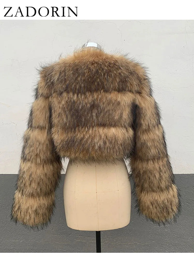 NEW Arrivals S-6XL High Quality Cropped Faux Raccoon Fur Coat Women Winter Warm Snow Outwear Fashion O Neck Long Sleeve Fluffy Short Faux Fur Jacket Crop Top Ladies Girls Luxury Fashion Clothing Supplies