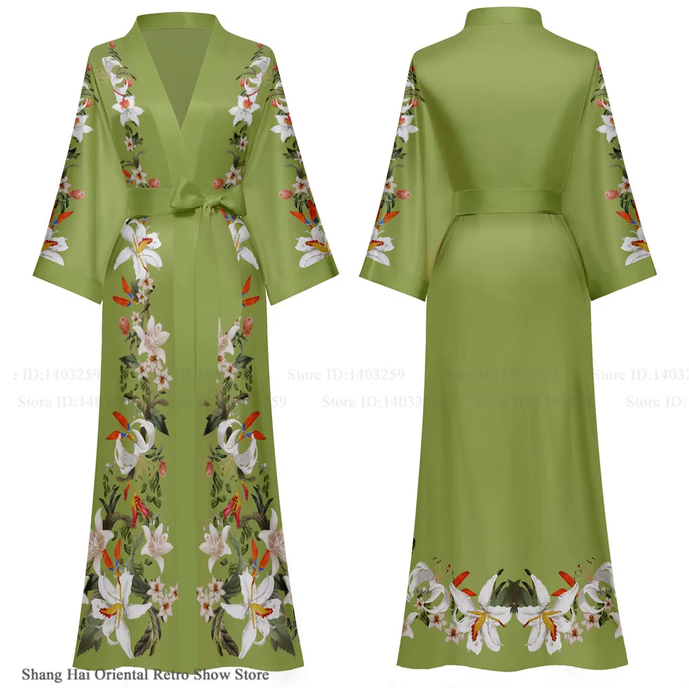 NEW Luxury Japanese Silk Elegant Flower Women Long Robe Loungewear Silky Satin Kimono Bathrobe Gown Spring Autumn New Sleepwear Home Dress Negligee