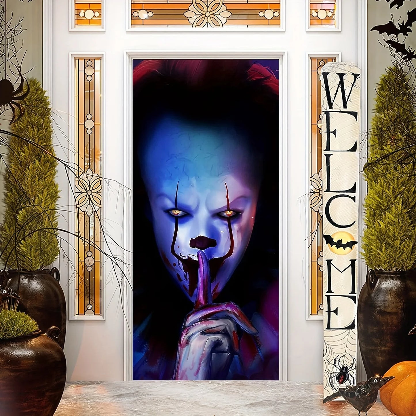 The Clown Halloween Banner Windows Doors Garage Door Art Decor , Served as a Prank or Treated to a Creepy  IT Themed Background