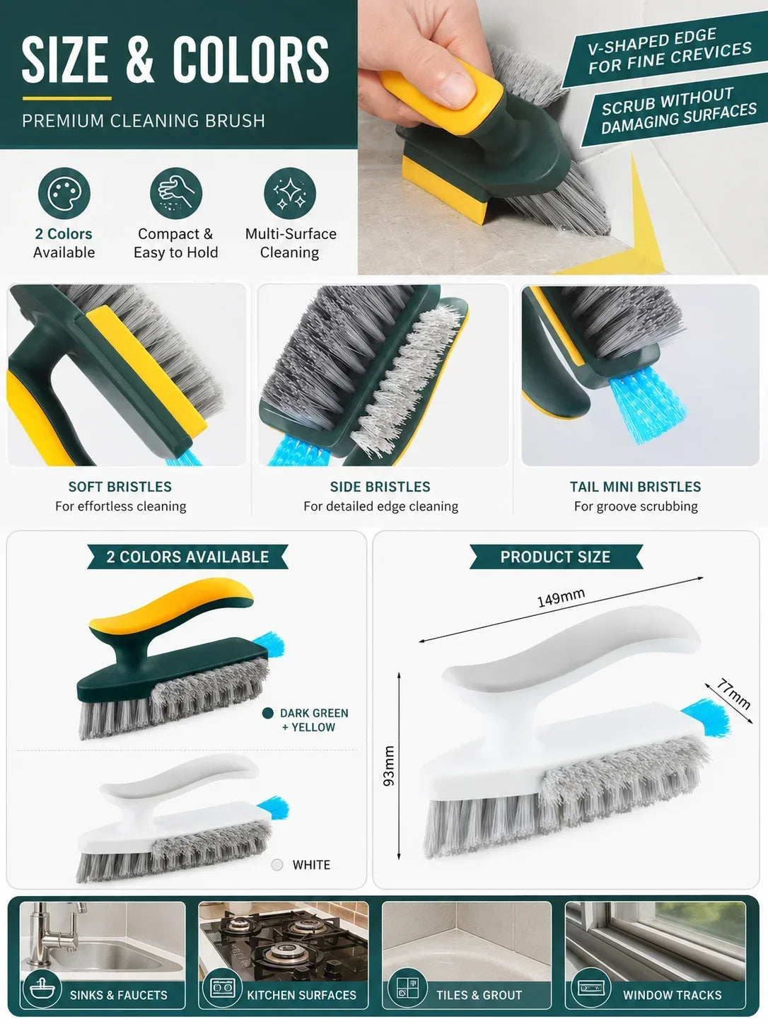 NEW 2 in 1 Hard Bristle Multi-Purpose Window Grooves Crevice Gap Scrubber Brush, Scraper for Tile Floors, Bathroom Corner Kitchen and Wall Gap Cleaning Tool