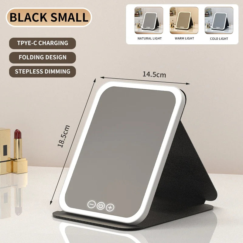 NEW Arrivals LED Dimmable Makeup Mirror 3 Colors Light Modes Adjust Brightness USB Charing Fold Mirror Tabletop Vanity Mirror for Travel Home Cosmetic Accessories