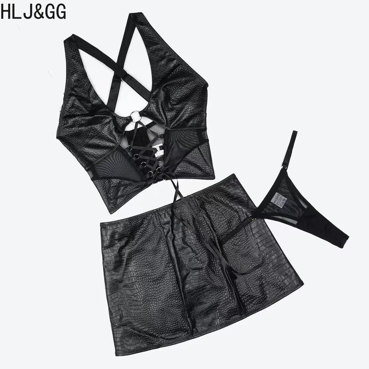 NEW 2 PCS Set Black Sexy Leather Hollow Bandage Women Sleeveless Backless Slim Crop Top And Mini Skirts Night Clubwear Prom Evening Party Outfits