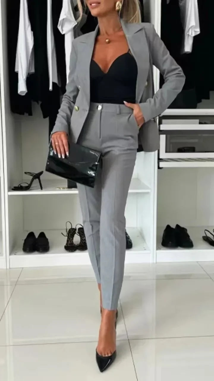 NEW Arrivals 2PCS Set UK S-2XL Size 8 Colors Women Office Smart Clothes Suit Blazer Double Breasted Button Solid Color Jacket & High Waist Slim Pencil Pants Ladies Luxury Fashion Clothing Supplies