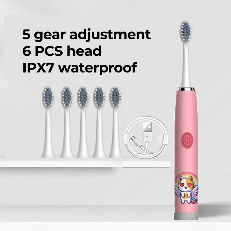 Sonic Children Electric Toothbrush + 6 Heads Full Set Rechargeable Colorful Cartoon Brush For Kids Automatic IPX7 Waterproof With Replacement Head Children Oral Hygiene Supplies