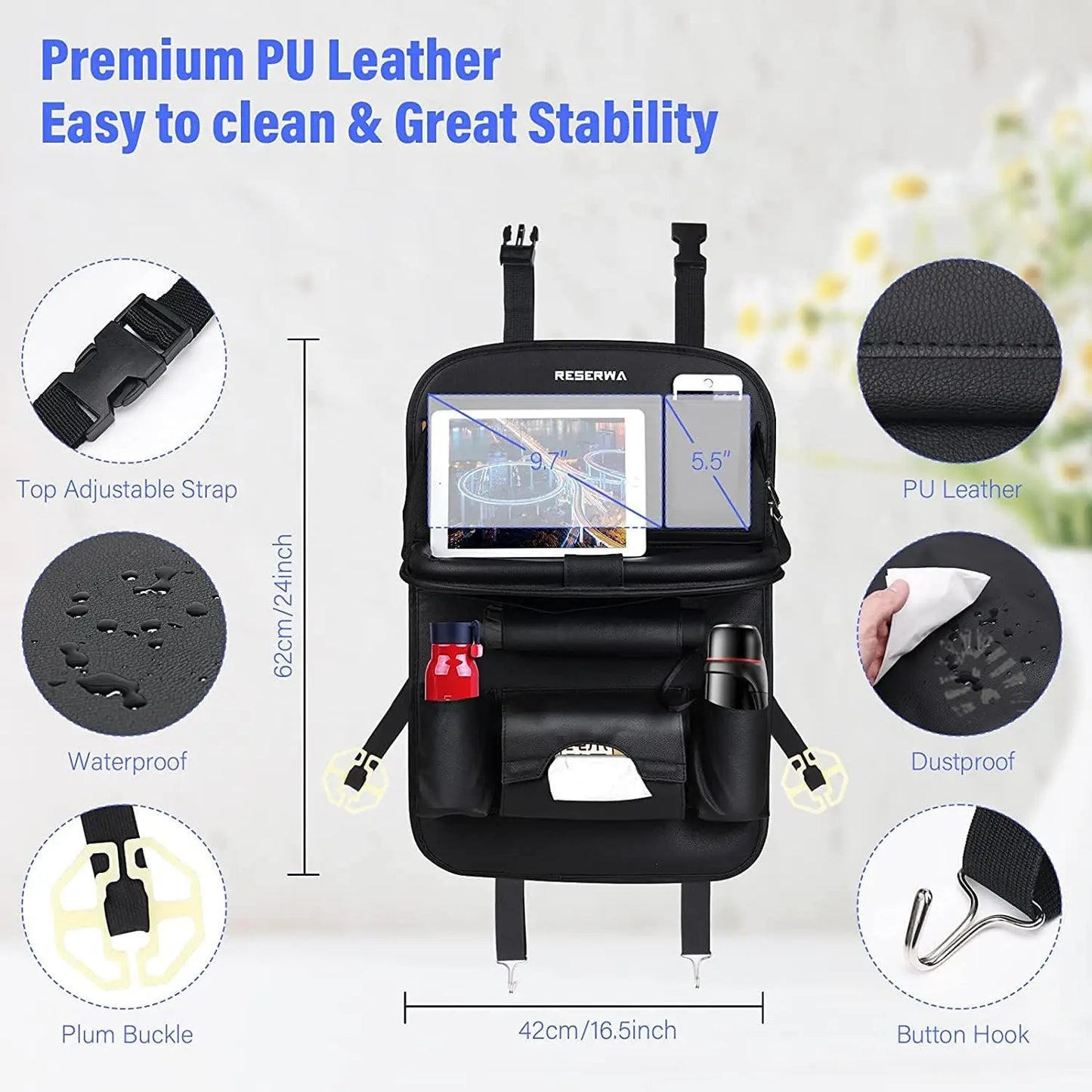 NEW!!!! Car Seat Back Organizer with Foldable Table Tray PU Leather Storage Organizer with Pockets Kick Mats Seat Interior Accessories