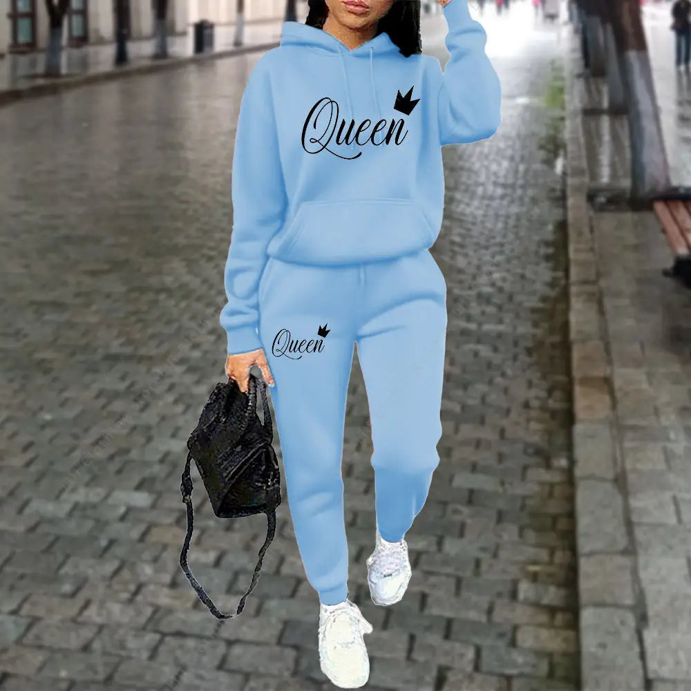 NEW 2PCS Set S-3XL UK Plus Size 10 Colors Queen Letter Graphic Women's Sets Hoodies Pants Suit Autumn Winter Sports Jogging High quality Aesthetic Tracksuit