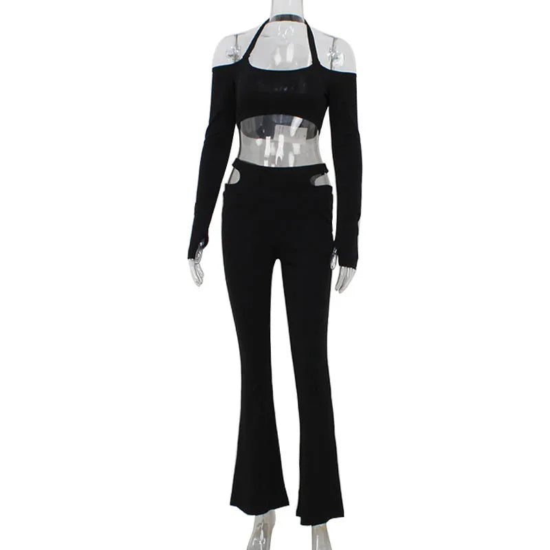 2 PCS Set Black/White Color Women's Tube Top One-Word Shoulder Cross Neck Short Top High Waist Flared Pants Slim Spice Girl Suit NEW Fashion Street Trend