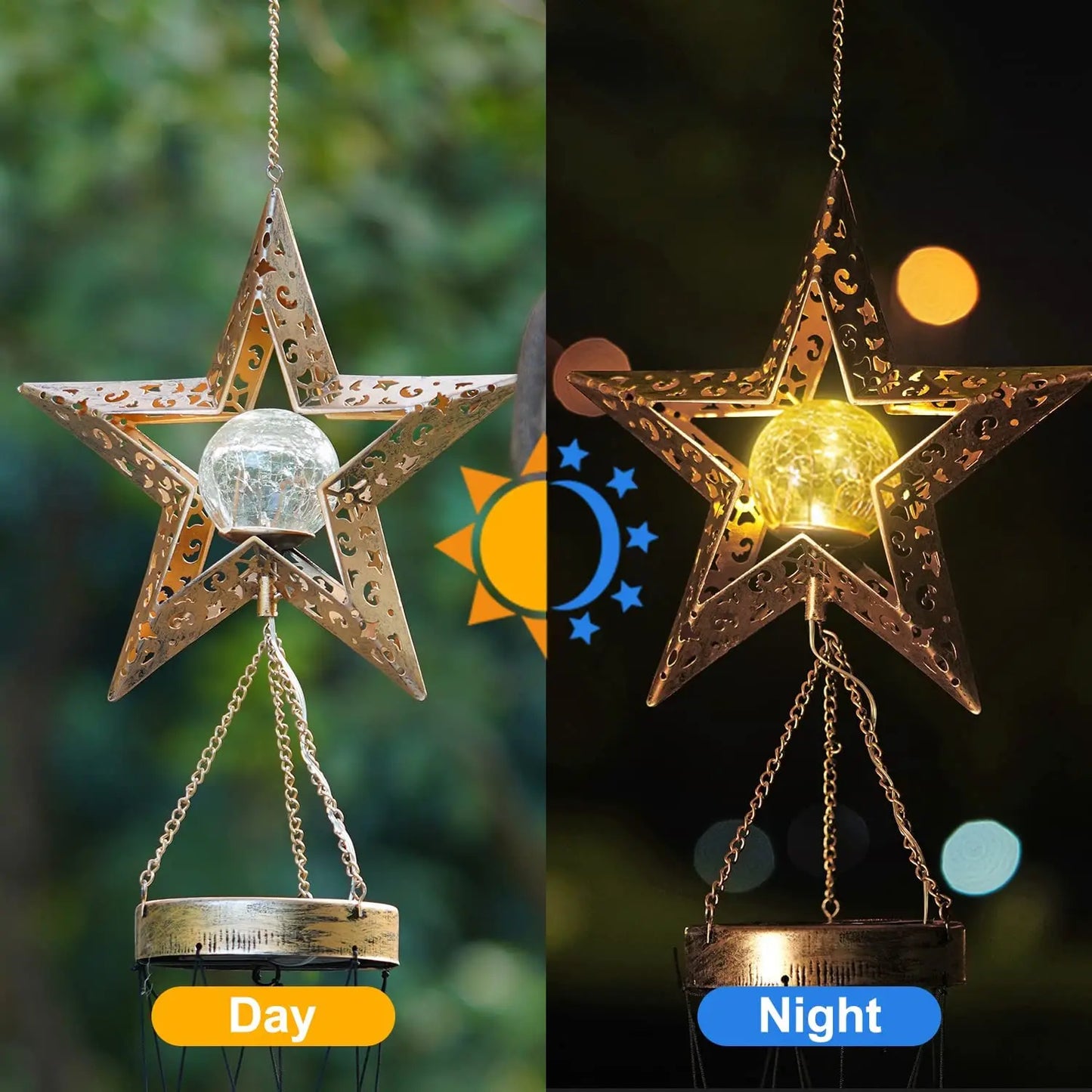 NEW Arrivals Moon/Star/Sun Wind Chimes Outdoor Glowing Moon Sun Stars Solar Glowing Wind Chime Metal Tubes Wind Bells for Home Decor Waterproof Chimes Gift