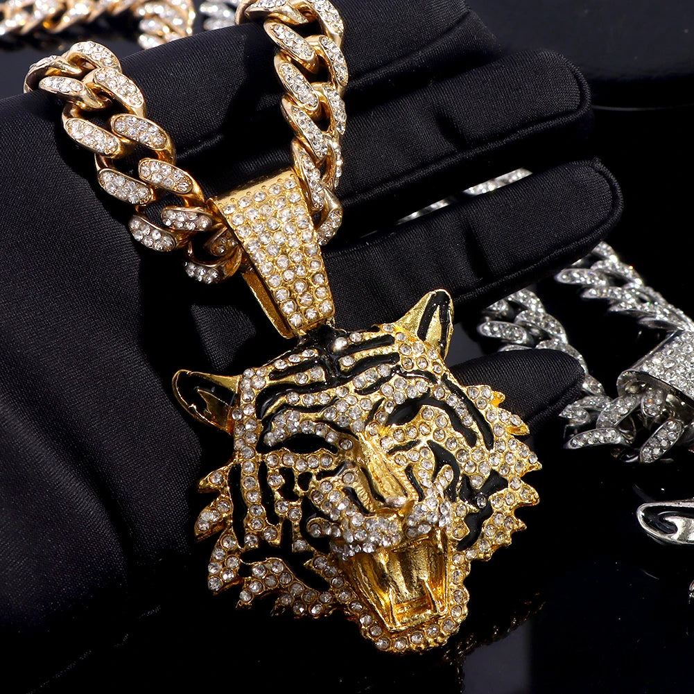 Luxury Rhinestones Gold/Silvery Color Hip Hop Tiger Head Pendant Necklace for Men Women, Iced Out Rhinestone Cuban Link Chain, Animal Bling Jewelry Gifts
