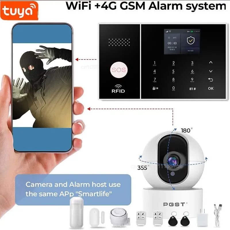 NEW HOT SALE 4G PG108 TUYA APP Control Alexa Voice Google WI-FI Support Home Alarm Anti-Theft System Smart Life APP Camera  SOS One Click Help Wireless Safe Security for House Villa Business Shops 433MHz