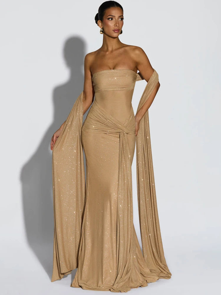 Brown/Black Color Sparkle Strapless Draped Sexy Maxi Dress Women Elegant Off-shoulder Sleeveless Backless Ruched Club Party Long Dress
