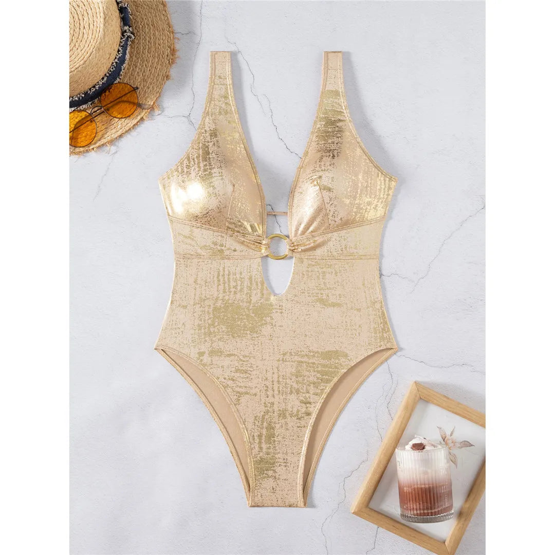 Sexy Golden Deep V-Neck High Cut Leg Backless One Piece Swimsuit Women Swimwear Female Monokini Bather Bathing Suit Swim V6690