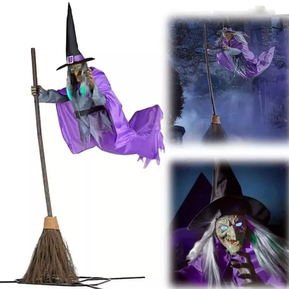 Halloween Animated Hovering Witch Animatronics Purple 6 FT Garden Props Flying Witch With Lights Hovering Witch Decorations