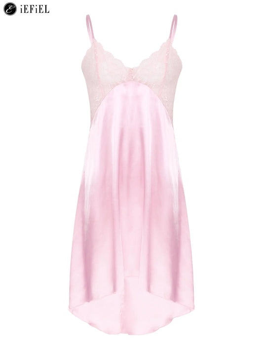Men's Sissy Lingerie Satin Silky Spaghetti Straps V-Neck Sleep Dress Teddy Chemise Crossdresser Nightwear Pajamas Sleepwear