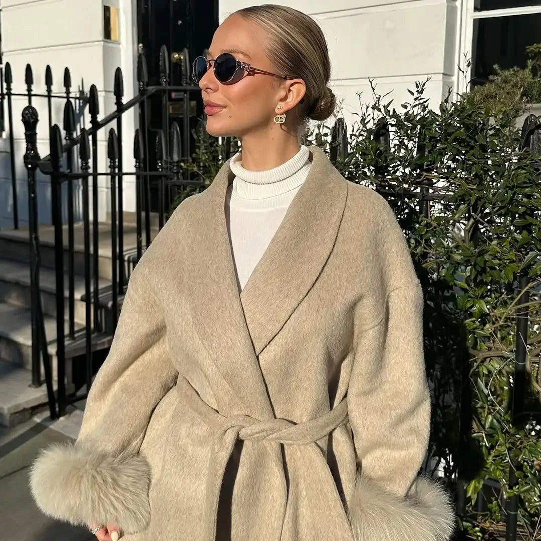 UK Size Black/White Mink Fur Overcoat + Brown/Black/Red Mini Hot Sexy Dress Patchwork Woolen Coat Women Full Sleeve V-Neck Lace Up Loose Long Overcoat Female Winter Commute Outerwear